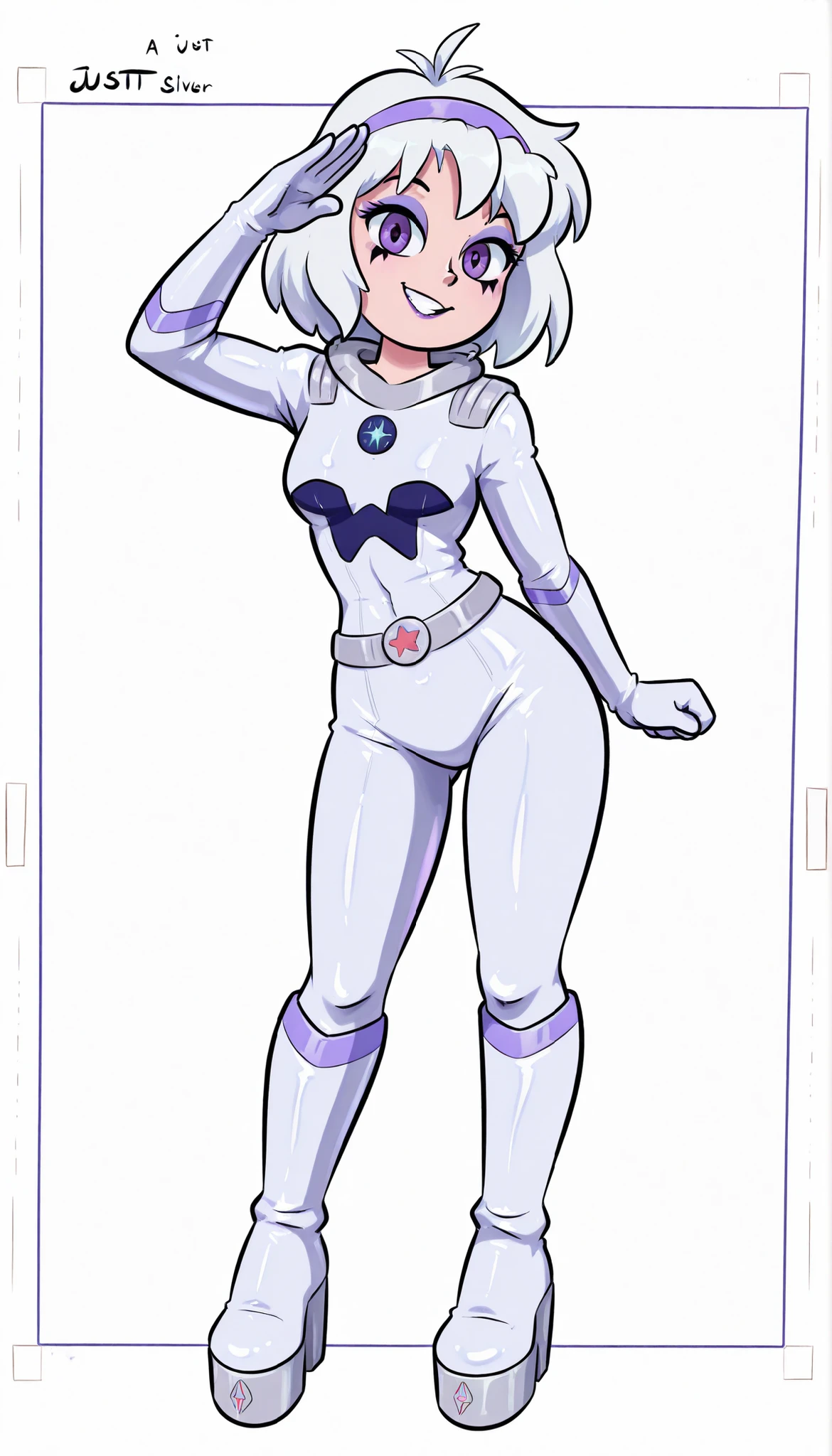 collet, Best quality, Masterpiece, cielv2, 1 girl, solo, looks at the viewer, Exclusively front view, whole body, White hair, Curvy physique, Zero Suit, standing straight, arms exclusively in a straight position to the sides, crazy smile of sharp teeth