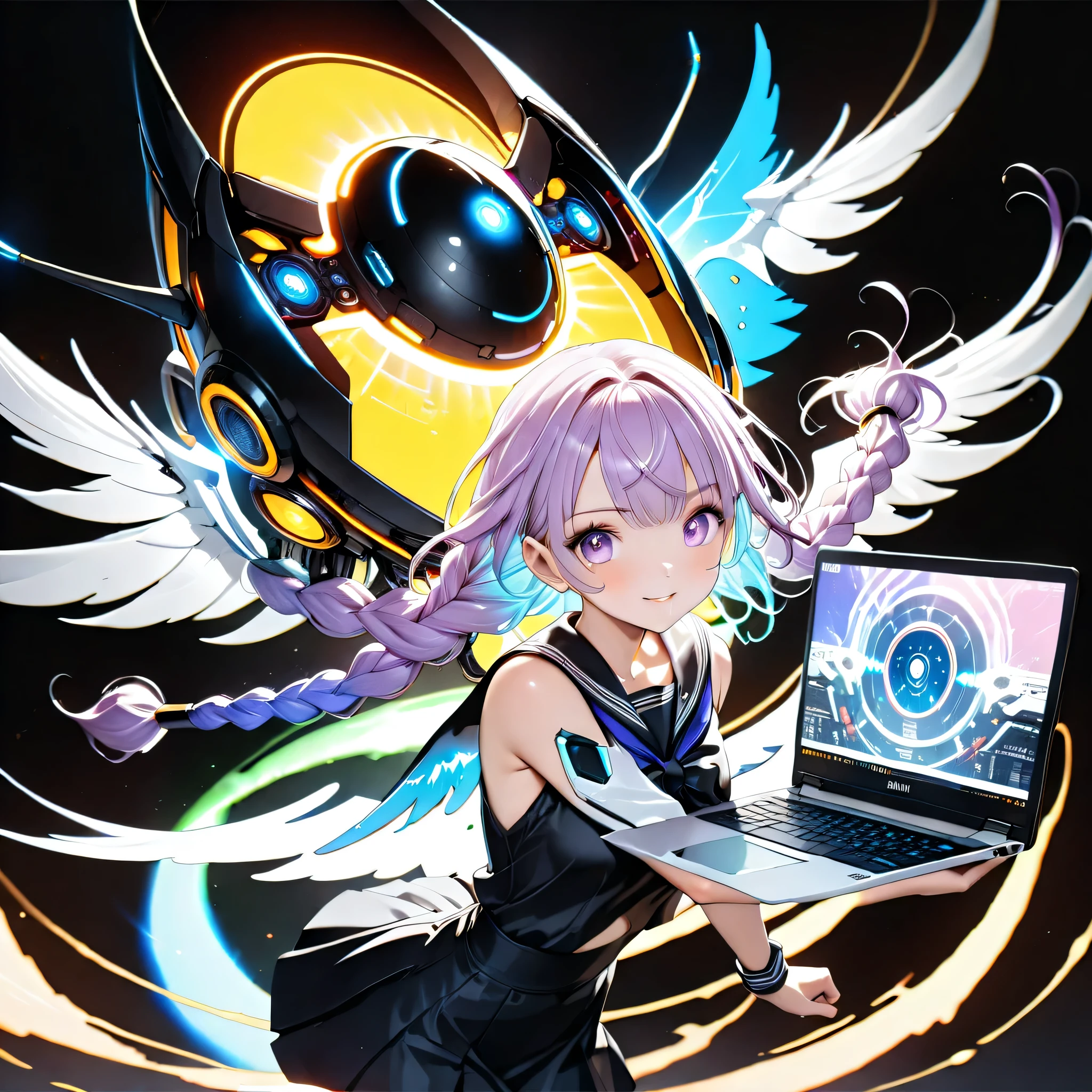 with the best details、pretty face、face、 super detailed eyes,(((Carrying a laptop)))、(((Futuristic laptop、The jet is mounted on the、The PC is equipped with a jet)))、The PC shines in seven colors、1GIRL、cute face、 face、(((dynamic best configuration、top quality、supreme masterpiece、super definition、high resolution、CG、HHD、１６K)))、（The woman wears long purple and white gradation braids）、素肌のshoulder、black skirt、灰色の髪、（schoolgirl/sailor suit、サイバーパンクを組み合わせた新デザインのsailor suit、loosewhitesocks、shoulder、black loafers、Side Cutout、Exposed Navel、Side Cutout、sailor suitのラインのネオンカラー）、neon color palette、Clear outline、detailed purple gradient eyes、Glow in the Dark Fashion、The World of Electronic Circuits、near future、neon color formula on a simple black background、bright color、(((the machine's big mysterious wings grow from its back)))、sense of speedのある絵、Flying in the sky、Dynamic、sense of speed、