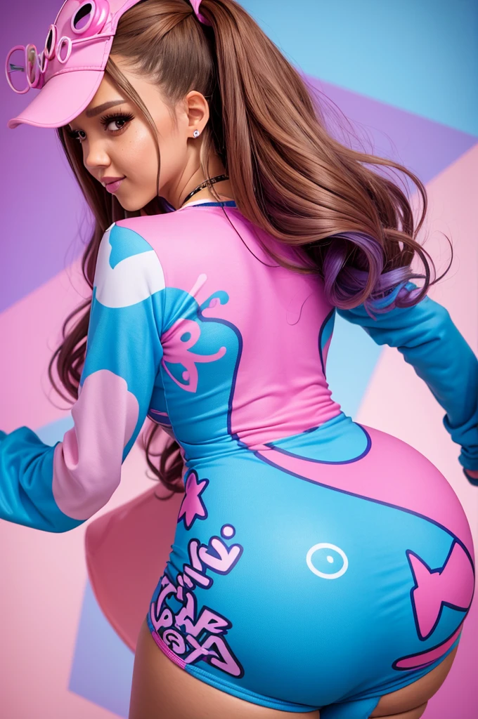 (Jessica Alba), woman with pink and blue makeup and a pink and blue jacket, brown girl in a cosmic dress, cartoon look, ava max, eyes large, straight straight style, long brown hair and eyes large, ahegao face, alexa grace, wearing atompunk jumpsuit, inspired by Lisa Frank, perfect ass wearing a colorful thong, beautiful underwear back view, captured from behind, Floss with rabbit and holes, see the loot, Sony FE, ultra HD, texturized skin, awardwinning, retina, work of art, 4K, high resolution, best qualityer