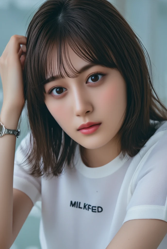 Selfie、Close-up of a woman wearing a white sweater, neat hair With bangs, short detailed hair, Baiji haircut hairstyle, short detailed hair With bangs, south east asian with round face, Cute and delicate face of girl, With bangs, Korean girls, Young cute asian face, Korean symmetrical face, middle parted bangs, Avatar profile picture,the background is clean