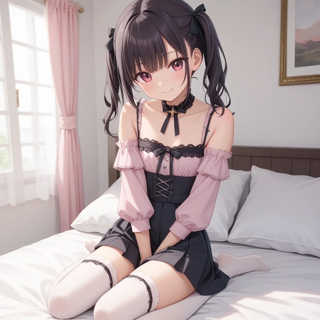 (Highest quality), (masterpiece), 1080P, High resolution, 4K, 8k, Thigh straps, Shooting from directly below, The woman on top of me, Nipples, 白いSweat, Covered , Sweat, Woman looking down, Micro Bikini, Skirt swimsuit, Thigh-high socks, To achieve this, 16 years old, Small breasts, whole body, Black leather shoes, Braided hair, Inner Color, Embarrassed face, Short black hair, bracelet, Bedroom