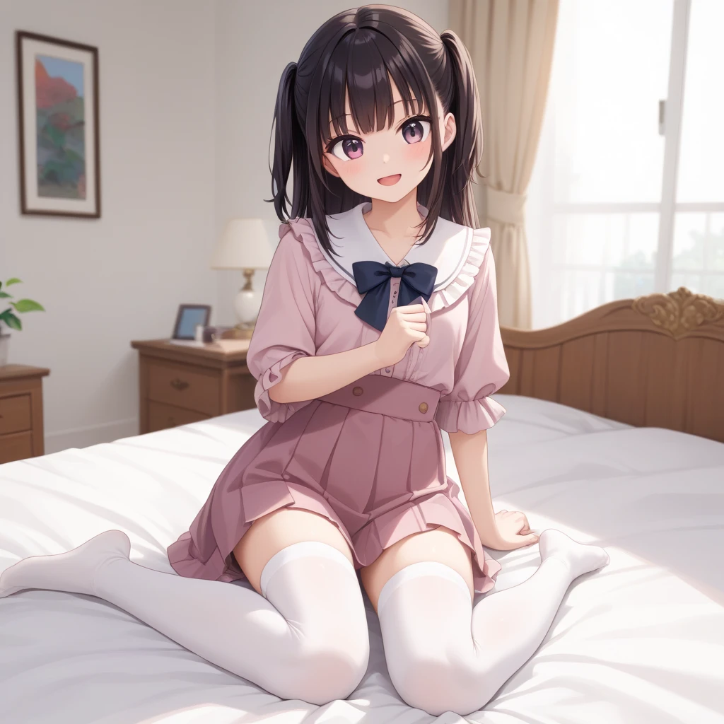 ​masterpiece、top-quality、1Female junior high school students、(A dark-haired)、((dark brown skin))、(Black eyes)、(Black eyebrows)、((Pink tights))、Nasty smile、a bed
