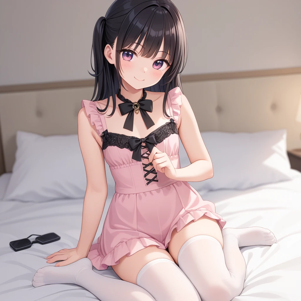 highest quality、very delicate and beautiful、I、I、8-year-old 、Japanese、、Chiquita、Noble、primary school student、black hair、barefoot、(((Pink leotard)))、(High leg)、Tiara on the head、lazy smile、The background is a hotel bed、sitting、M-shaped legs