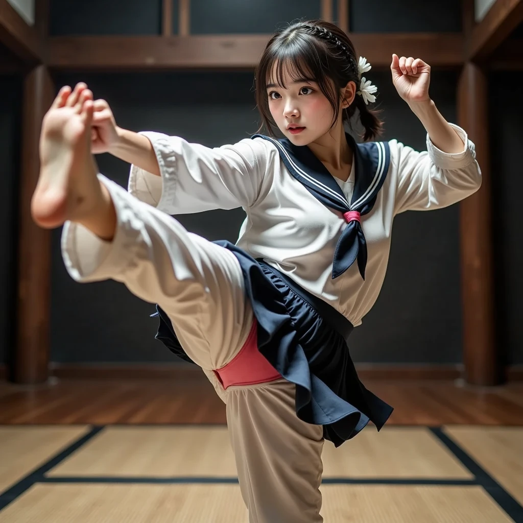 A martial artist girl in a school uniform is doing a high kick,long hair,White