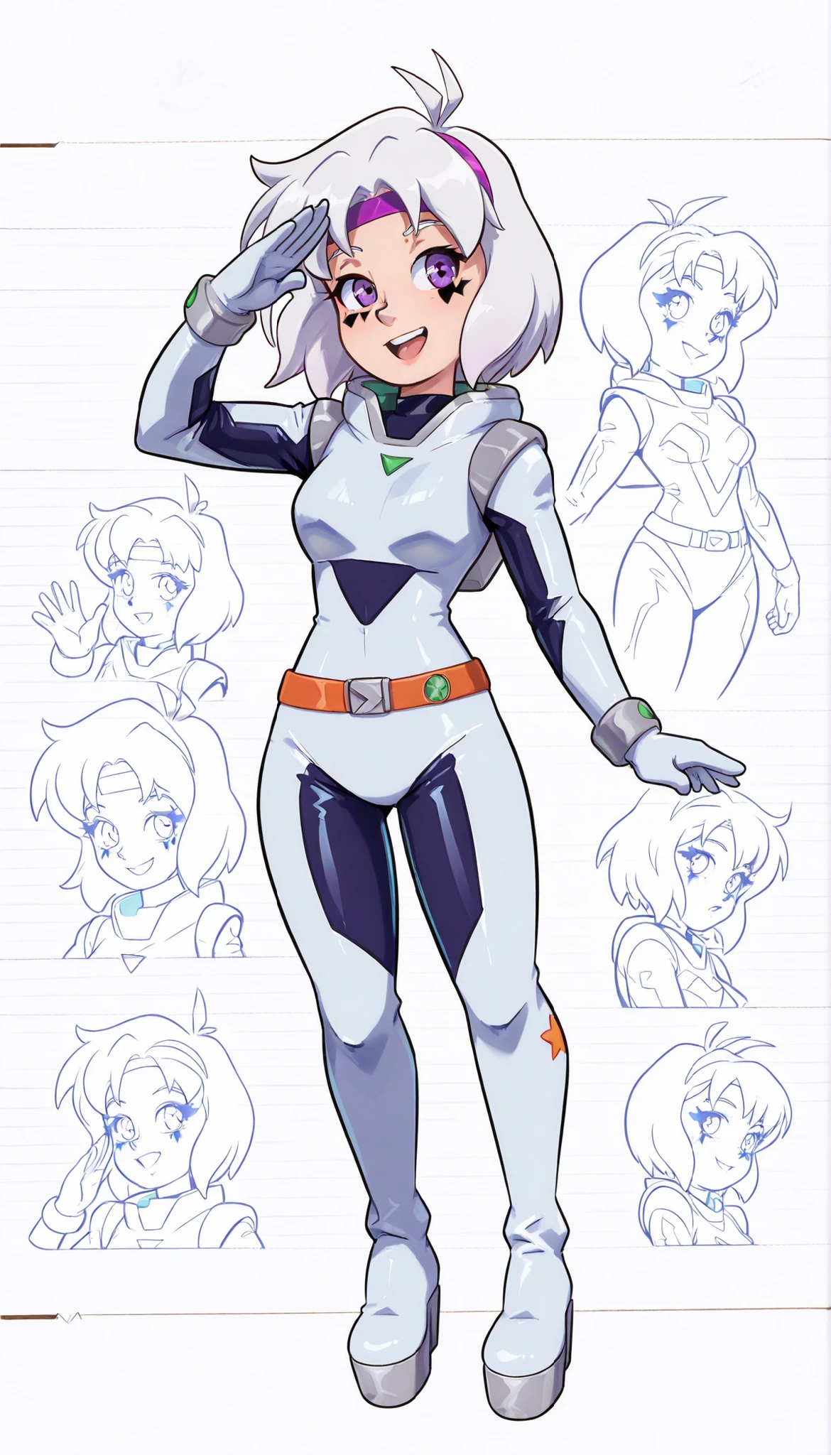 Girl, just a girl, wearing shiny silver space suit bodysuit, tall platform boots, retro antenna headband, futuristic belt, long white hair styled in swirls, purple eyes with alien makeup, smiling confidently with one arm raised in salute, plain white background, black drawing edges,
