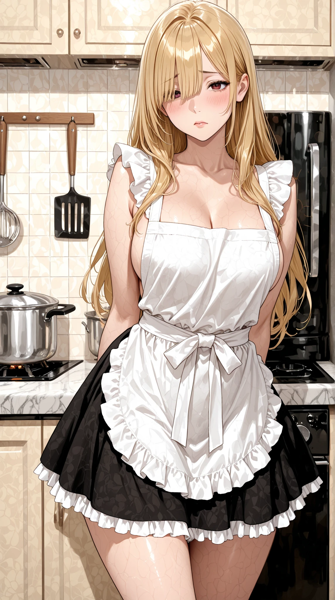 ((((masterpiece, best quality, high resolution)))), 1girl, wavy hair, average breasts, blush, light smile, parted lips, glow, thighs, bare shoulders, collarbone, narrow waist, cleavage, (masterpiece), (beautiful detailed face, beautiful detailed eyes), (naked apron, kitchen, arms behind back)