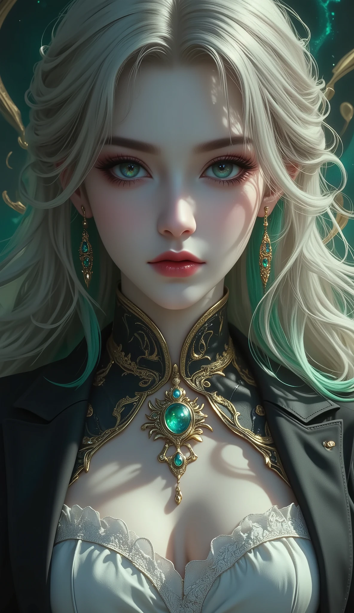 (masterpiece, detailed:1.2), Voluptuous woman, mature woman, fierce woman, gradient hair, long hair, voluminous hair, emerald eyes, glossy lips, gothic, thick eyelash , blond hair, green gradient highlight, dark hair, multicolored hair, colored inner hair, (suit jacket, white lace strapless top, gold trim), Sapphire brooch, soft lighting, various iridescent foggy glitter effects, brilliant light and shadow, seamless, contrast, gradation effects, highly detailed, sharp focus and contrast, extremely clear image,