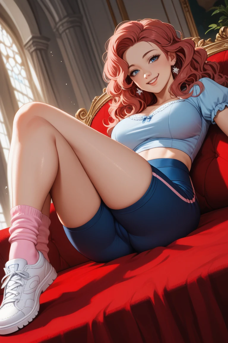 ariel, red hair, blue eyes, purple shirt, off shoulder,teal yoga shorts, looking at viewer, smiling, sitting, legs raised, on large sofa, inside cozy living room, night, high quality, masterpiece, <lora:Ariel_v1:.8>