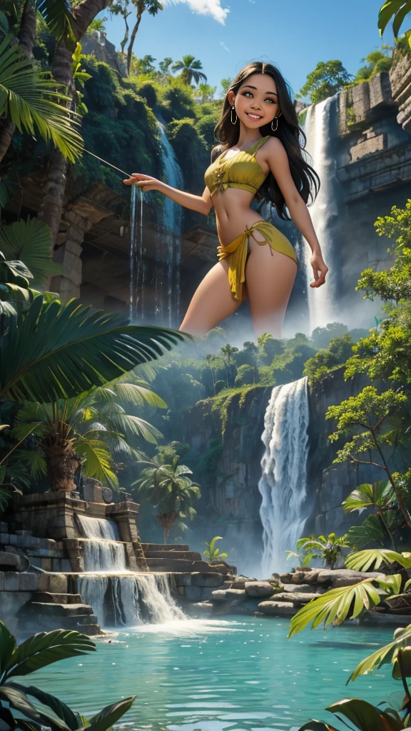 (best quality,4k,8k,highres,masterpiece:1.2),ultra-detailed,realistic:1.37,A brave Samoan woman (age 20) with a gorgeous, athletic, and lovely face, is wearing a bright swimsuit. She stands at the top of a towering waterfall, ready to dive into the crystal-clear pool below. The height of the waterfall is dizzying, with misty water cascading down, creating a sense of excitement and adventure. The woman's expression is confident and determined, showcasing her bravery as she prepares to take the leap. The medium used to depict this artwork is an oil painting, giving it a rich and textured feel. The brushstrokes capture the beauty of the natural surroundings and the woman's physicality. The sunlight pierces through the treetops, casting dappled shadows on the rocks and water, adding depth and realism to the scene. The additional details of the painting include vibrant tropical vegetation, such as lush green palm trees and colorful flowers, which add to the exotic setting. The woman's dark, voluminous hair flows behind her as she leaps into the air, enhancing the sense of movement and freedom. The image quality is of the highest standard, with meticulous attention to detail. The painting showcases ultra-fine details, from the delicate water droplets in the air to the fine lines of the woman's muscles. The realistic rendering of the scene brings it to life, making it almost indistinguishable from a photograph. In terms of artistic style, this artwork falls under realistic portraiture and natural landscape genres. The colors are vibrant and vivid, capturing the beauty of the Samoan landscape and the woman's strength and vitality. The overall color tone leans towards warm earthy tones to reflect the tropical setting and the golden sunlight. The lighting in the painting is dramatic, with sunlight casting long shadows and illuminating specific elements to create a sense of depth. The interplay of light and shadow enhances the realism and three-dimensionality of the scene. Thi
