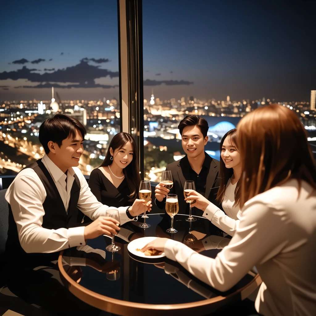 Detailed images that look like they were taken with a high-end camera、party、couple、banquet、Japan Sake Fan、I love Japanese sake、Because I'm slender、Woman drinking alcohol、36 years old、38 years old、Colombia、Brazilian、Japanese、Dutch、German、Portuguese、Belgian、chiri、American、french、Spaniard、Italian、Indian、Englishman、Cut your hair short、brown hair、Beautiful woman with a glass and a cup、Sake glasses and wine glasses contain sake..、720m of Japanese sake、1.You can also see the 8L sake bottle..、There is also Choshi、adult woman in her 30s、Smiling with a beautiful smile while enjoying a drink.、The location is a hotel restaurant.、A beautiful night view of the city can be seen outside the window.、The floor is on the 1st floor、In the background you can see a man and a woman enjoying alcohol..。