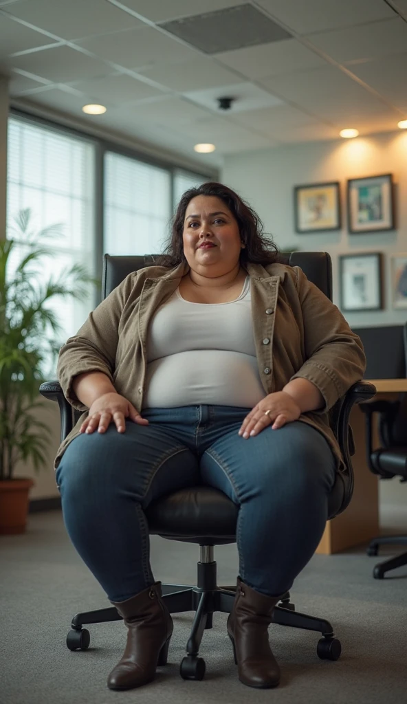 Office scene, A radiant, full-figured South Indian 35 year old aunty a gray chiffon skirt and shirt, sitting the floor on her knees, captured in a full-body image with vibrant hues and meticulous details. Full body image