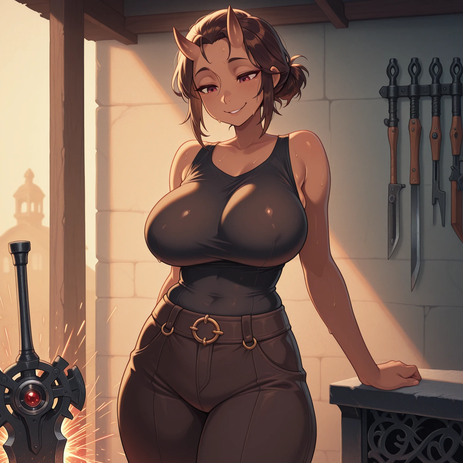 Nier Automata's 2B, with brown hair, (((nude, topless))), bright green eyes with brown spots, detailed lips, stain lipstick, long eyelashes, primer, cream eyeline, small low hanging and heavier breasts, narrow waist, wide hips, inflated legs, thick thighs, 4k, highly detailed face, streching on bed, sexy, seductive look, red cheeks, lewd grin, touching herself