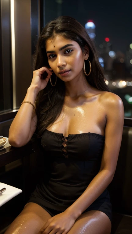 best quality, intricate detail, highest quality, extremely detailed, ultra high res, detailed shadow, ultra realistic, dramatic lighting, 1 girl, solo, detailed face, detailed eye, realistic skin, beautiful, Indian pale complexioned girl age 23, black hair, in a black cocktail dress, in a party at a restaurant in Gurgaon