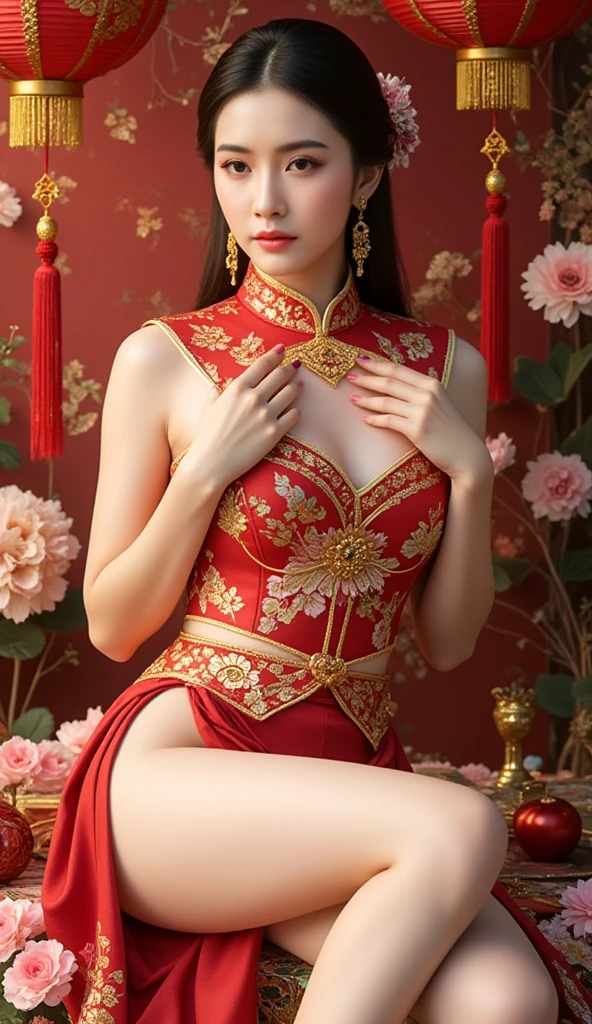 A female empress, short white hair, with yellow eyes, red nails, mostrando os peitos, legs open showing pussy, with an angry face and a provocative look, mouth open with tongue out. Wearing traditional Chinese imperial clothing, decorated in gold with black details, with red Hanafuda earrings, with a short red skirt. On your knees on a hotel room bed with a penis in your pussy, with a sunset in the window in the background.