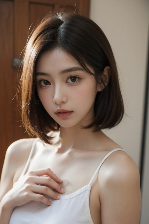 Short hair and white Summer knitting, Summer knitting, long hair, long hair with bangs, girl with a cute face, cute face portrait, french bob, Pale white skin!!, Short brown hair and big eyes, Soft portrait 8 k, beautiful big eyes, beautiful girl, young girl with bob hair, Best picture quality, Masterpiece, Leonardo da Vinci's diary Da Vinci, Leonardo da Vinci's manuscript as background.