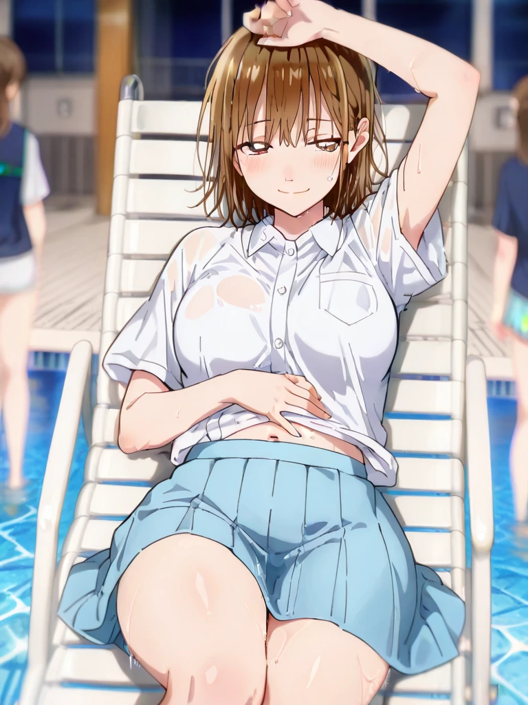 (The best quality,4k,High Resolutions),(realist:1.37),Saekobusujima,Shy and blushing,sexy,crossed arms,wet transparent uniform,Black lingerie,Short skirt,Long black stockings,wet,soggy,sitting in a boat,water,(Photo ),

(whole body,anime),(vivid colors),(Soft lighting)