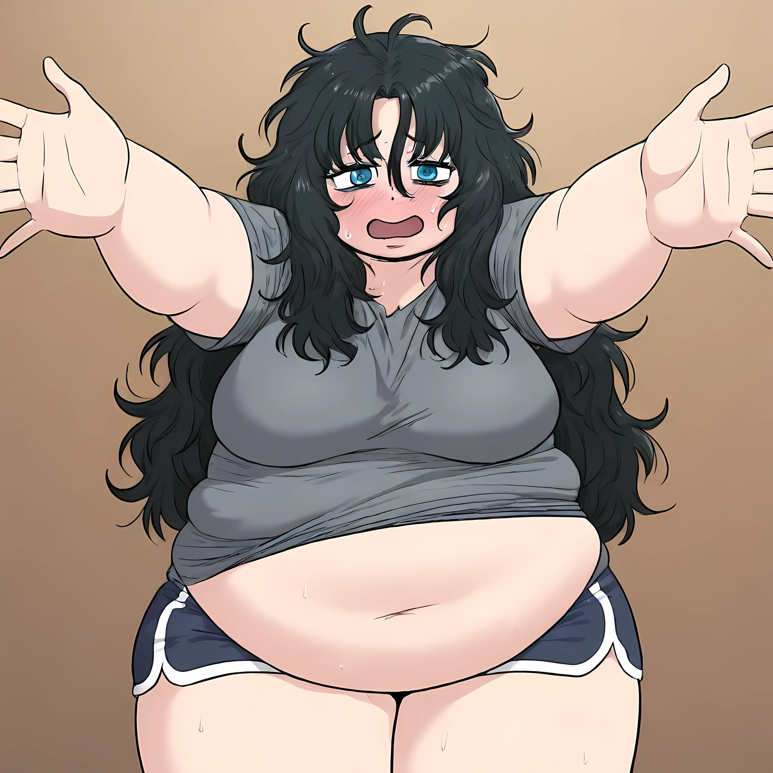 Tan skin all over, Thicc, extremely morbidly obese, brown hair ((wearing)), white tanktop, black leggings, voluptuous, feminine boy, femboy, perfect hands, perfect face, smile, (anatomically correct), (Perfect/ realistic proportions:1.2), (overwhelmingly fat arms, obese face), arm up, ((extremely widest hips possible!)), ((extremely massive thick thighs, morbidly large belly), belly overhang!)), (1080P, 4k UHD, Masterpiece:2.1!) ((single)), background: tilted towers_fortnite