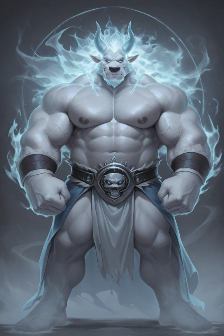 muscular white fur feline face yeti with ram horns, glowing blue eyes, athletic masculine body thick legs, 3d full body, highly detailed, professional color grading, soft shadows, no contrast, clean sharp focus, cinema film photographyphy