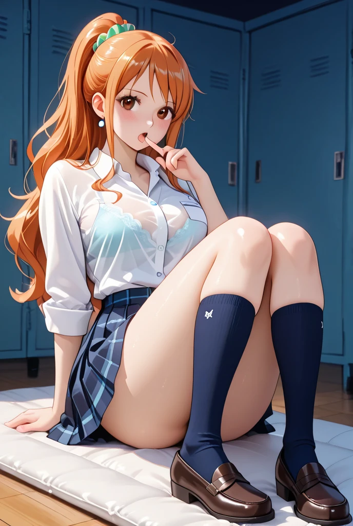 ((masterpiece)), ((best quality)), (ultra-detailed), ((extremely detailed)), 4K, (8K), best quality, (beautiful), anime style, upper body, heavy outline, clear outline, full body focus, classroom, ((Asuna, SAO)), school girl uniform, ((beautiful orange eyes)), large breast, smile, (sitting chair, spread legs, white panty, panty shot), shiny-glistening, gleaming, wetted by water