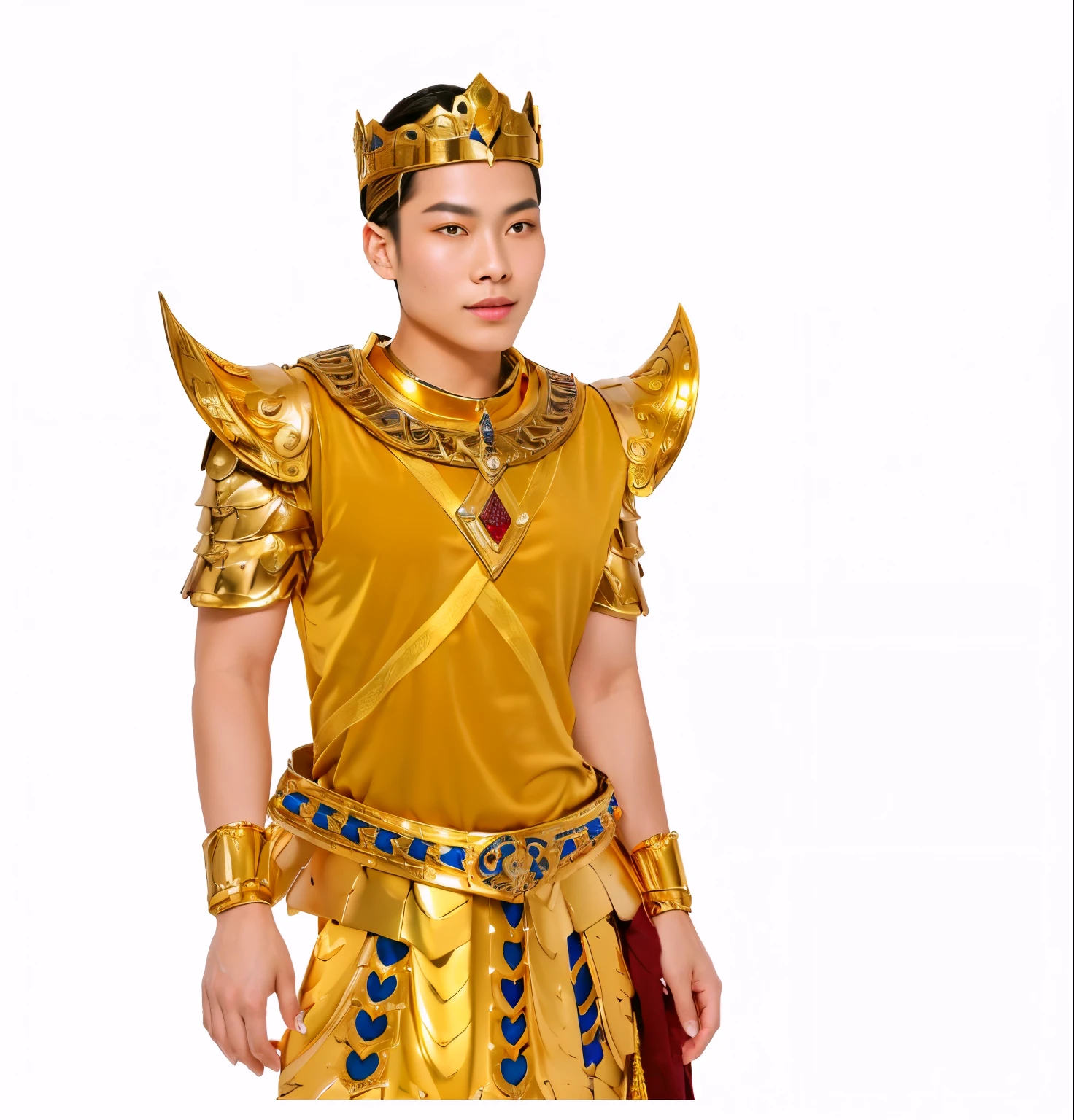 (masterpiece), 1boy, male focus, muscular, ((shota)), ((evil)), ((corruption)), ((armor that show their muscular stomach)), spiky cauldron, gold and obsidian armor, crimson cape, standing at attention,