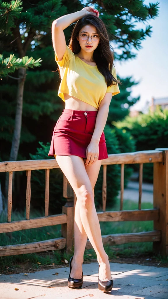 masterpiece, best quality, high detail, beautiful woman, wavy hair, dark brown hair, large bust, red t-shirt, loose t-shirt, denim midi pencil skirt, knee length skirt, midriff, upper body, hips, hip bones, sandals, looking at viewer, light smile, garden, backyard,