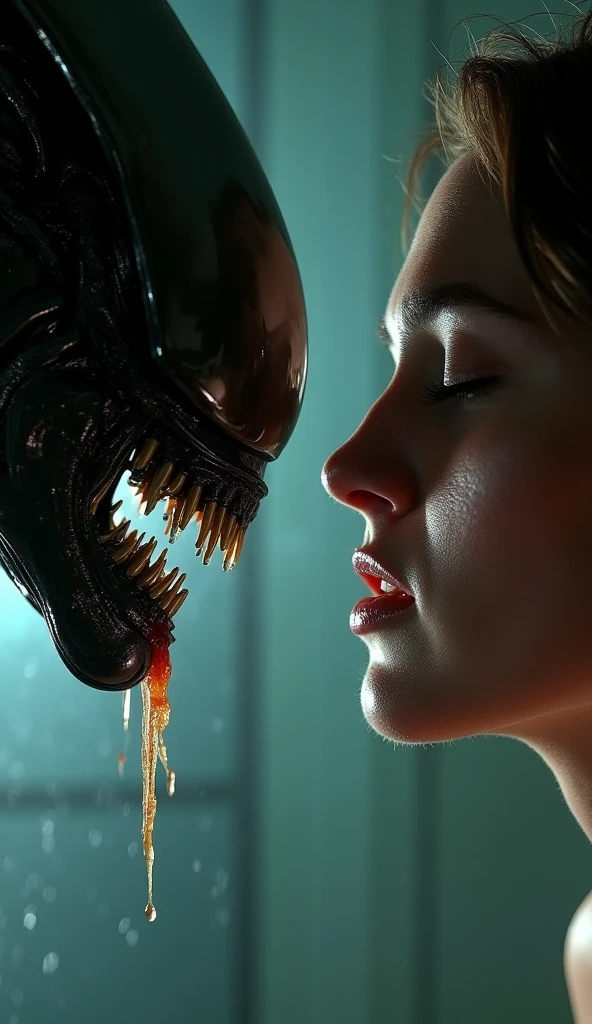 Close-up a masterpiece of a woman with terrifying and scared expressions with scars and blood cause of injured on her face with an alien in front of her face looking to her with its big black shining head with its clear liquid comes out from its mouth that opened. Dark background with views like in a damage spaceship with red light that shine as an emergency alarm. The image should focus to the woman and the alien and the aura invites viewers to feel scared and terrifying. Sci-fi, very-detailed, hyper-sharp, hyper-realistic, surrealism.