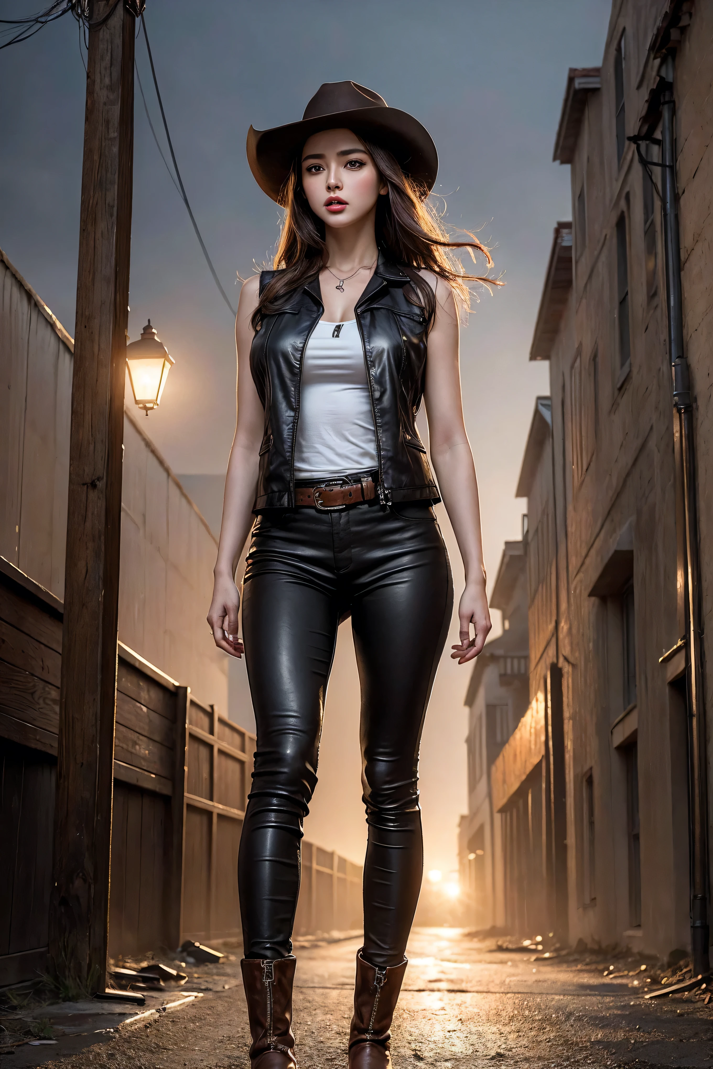 Woman in denim circa 1880s, Long curly blond hair, Brown eyes, High arched eyebrows, Slender and graceful neck, Red lips, Large Breasts, Brown Leather Leggings, Sleeveless Brown Leather Vest, Leather Boots, Walking on the dusty sandy streets of a deserted North American town，The wind blew through her hair, Practical, photoPractical, photoPractical, Fear, Dark atmosphere and dramatic lighting, Deep Red, Foggy environment, Detailed facial expressions, Heavy fog
