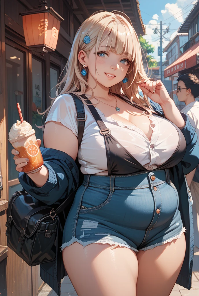 最high quality、best image quality、masterpiece、teenage girl((18-year-old、 By becoming、vest bust、medium bust,wide open breast tea、black eye, blonde hair、Habitual hair、long hair、thin,highest valley、blue shorts、Holding a plastic bottle、troubled face、heart tattoo、black aloha shirt、squat、open your legs、sweating)),high quality、beautiful art、background((Hawaii、Waikiki、Palm tree))debris flies、Depth of written boundary、movie、visual art、perfect art、8K,genuine