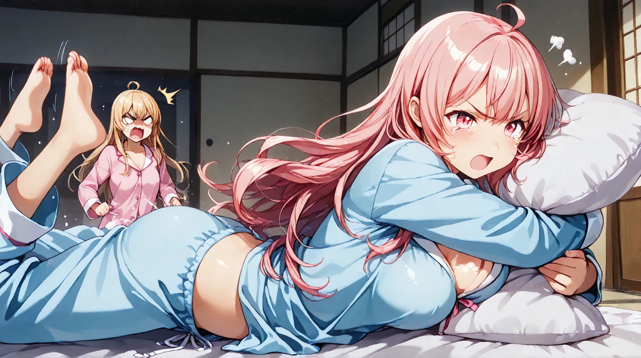 1womanl, long hair, pink hair, blue colored eyes,white blouse with a black tie (big boobies), black pants, gazing at viewer, hand on the waist