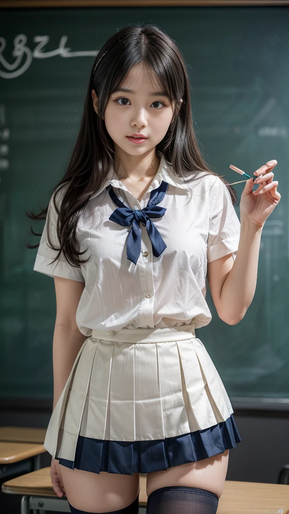 masterpiece, best quality, illustration, Super detailed, fine details, High resolution, 8K,wall paper, perfect dynamic composition,(Details High quality, realistic depiction of eyes:1.3), (white school shirt :1.2), (plaid skirt :1.3), tie black, black thigh-high stockings, sitting, open legs, ponytail, in a classroom, blackboard in the background, deep on field, large breasts, black hair color, Big Natural Color Lip, (perfect body shape), crying a little、Harajuku style、20 year old girl、cute type、lolita、beautiful legs, Gravure Idol