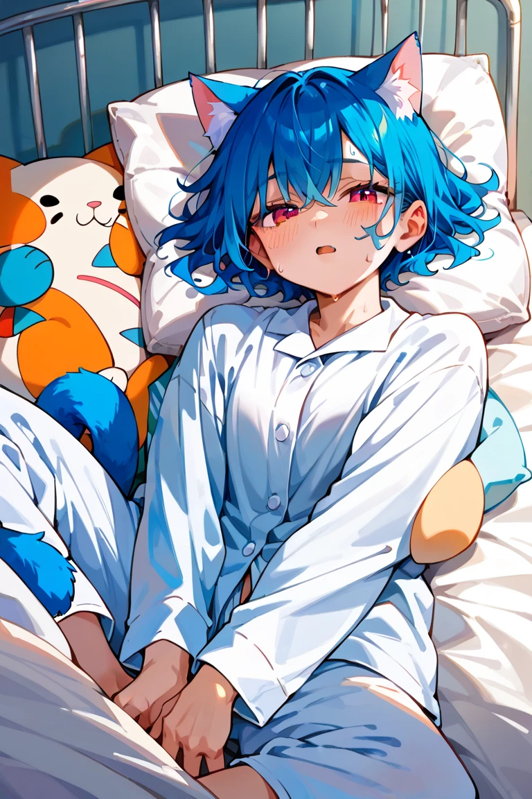 Boy,cute boy,Big belly,blue hair,yellow eyes,sleep, sleeping in bed, night, baby, hug,hugging a baby