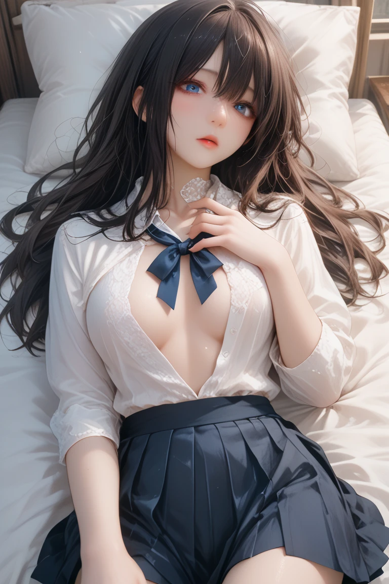 8K、RAW Photos、Highest quality、Super detailed、Super Resolution、Ultra HD、8K壁紙、Amazing Details 1 Girl, Japanese, high school girl, (Long Hair:1.5), With her hair flying, (Half Up, Half Updo), bangs, Hair between the eyes, Big Breasts:0.8,
Beautiful Hair, Beautiful Face, Beautiful details, Beautiful clavicle, Beautiful body, Beautiful breasts, Beautiful thighs, Beautiful legs, Beautiful fingers,
((Collared short-sleeved shirt, White shirt, , Grey plaid pleated skirt, Blue checked bow tie)),
((((A woman is lying in bed with her eyes closed))))Brown Hair、(White skin)
((((((((Full body photo))))))))
((((Emphasize cleavage))))
((Red floral panties and bra are visible))