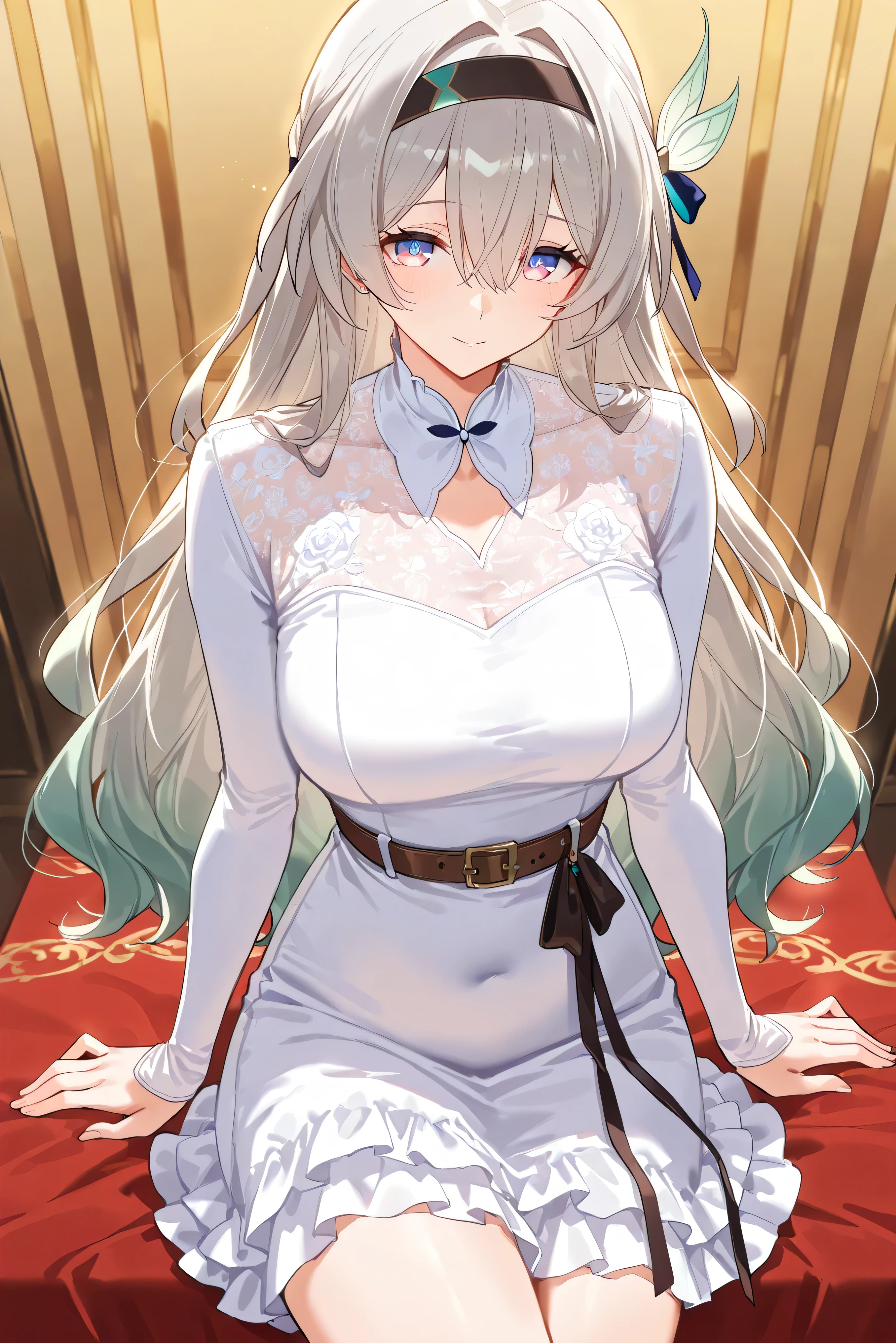 score_9, score_8_up, score_7_up, masterpiece, best quality, very aesthetic, absurdres, tunning image, attractive image, 1girl, adult grown woman, solo, firefly \(honkai: star rail\), purple eyes, grey hair, hair between eyes, very long hair, hair intakes, hairband, two-tone eyes, multicolored eyes, masterpiece,best quality,amazing quality, ero404, 5 fingers, alternate costume, high-collared cheongsam-inspired white dress, intricate lace patterns, asymmetrical design, flowing long sleeves, belts and straps, layered skirt, red and black contrast, delicate floral embroidery, elegant high heels, modern fashion twist.