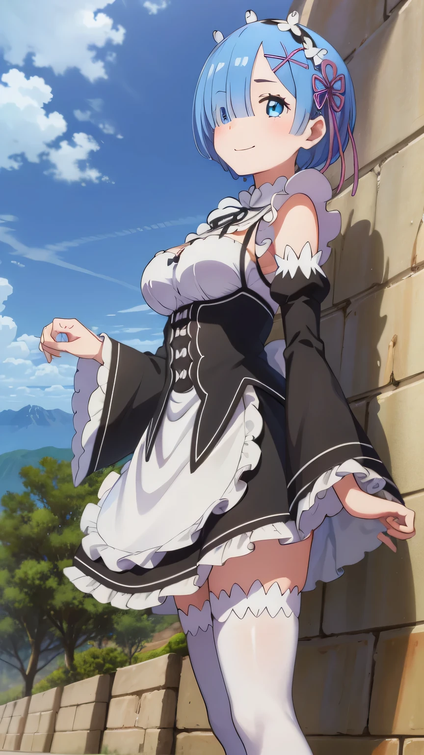 {{{masterpiece}}}, (best quality:1.5), (ultra-detailed:1.5), {illustration}, {{an extremely delicate and beautiful}}, (beautiful detailed eyes:1.6), absurdres, highres, extremely detailed face, 16k, hd, visual anime de uma jovem mulher, extremamente bonito rosto de anime, anime melhor garota, (perfect hands, perfect anatomy), (five fingers:1.3) anime face, rem (re:zero), phRem, 1girl, solo, cute face, blue hair, short hair, hair over one eye, blue eyes, hair ornament, x hair ornament, flushed cheeks, big breasts, thin waist, big hips, curvaceous, BREAK, maid, {roswaal mansion maid uniform}, detached sleeves, black sleeves, black ribbon, white thighhighs, apron, black skirt, maid shoes, thighs, zettai ryouiki, BREAK, cute face, smiling, standing, outdoor, daytime, solar, rock, mountain, forest, desert, sky, lake, look the sky, look up, (bust shot:1.3), from side, from below