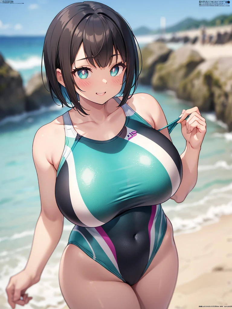 (masterpiece, official art), 1girl, solo, thick, curvy, curvaceous, black hair, grey eyes, short bob, hair clip, kirigaya suguha, (dark blue competitive swimsuit), (full closed swimsuit),(one piece swimsuit), (closeup), portrait, (huge breasts), standing, view from front, countryside, sunlight, looking at viewer, (upper body), smile, seductive, alluring attire, open shoulders