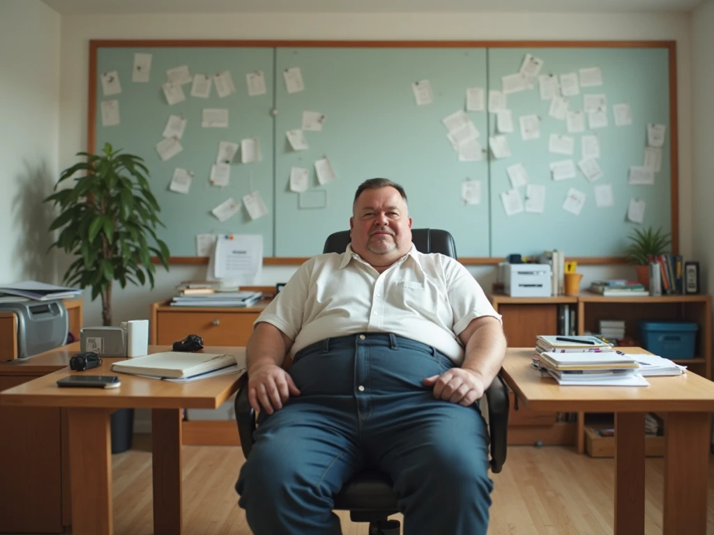 Middle aged fat man in shirt and tie sitting in an office chair, greying hair, big round belly, padded belly, inflated, huge, obese, like a beachball