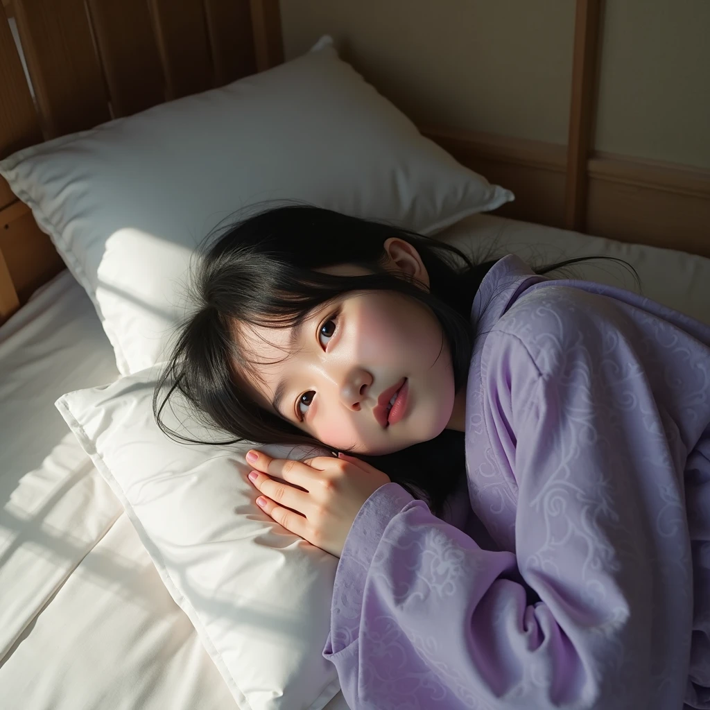 photorealistic image of a woman, ultrarealistic, photography, straight black hair, indonesian woman, small breasts, double eyelids, small messy bedroom, black shirt and tartan short pants, mid part hair