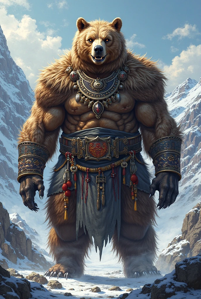 Humanoid creature that looks like a cross between a saber-tooth tiger and a woolly mammoth. Wearing a loin cloth and standing in a frozen tundra. Official art, award winning digital painting, digital illustration, extremely detailed, 4k, ultra hd, rococo, polished, intricate, realistic fantasy art, sharp focus, concept art, art by wlop, (2d vector illustration)