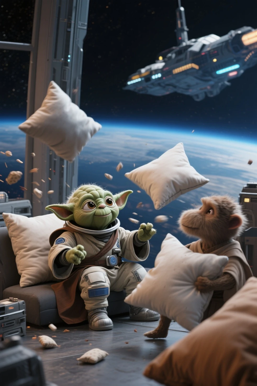 baby Groot and baby Yoda, looking towards the horizon, from the cabin of a spaceship, towards the cosmos made up of violet nebulae and galaxy colors, very detailed image, sharp focus, studio photography, xf iq 4, 1 5 0 0 0 0 0 0 0 0 mp, 5 0 mm, iso 2 0 0 0 0, 1/ 1 6 0 0 0 s, realistic, natural light, octane rendering, adobe lightroom, photorealistic, thirds resolution, symmetric balance, layers depth, polarizing filter, . ..., hd, color optics, ..., hd, opaque color, masterpiece, ..., masterpiece, ..., hd, opaque color, masterpiece