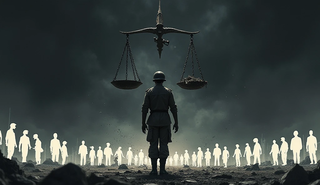 a small child holding Justice statue on the top of a lot of dead bodies