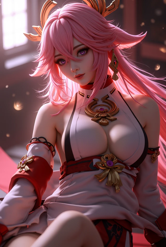 (Masterpiece, Excellent, 1girl, solo, complex details, color difference), realism, ((medium breath)), off-the-shoulders, big breasts, sexy, Yae Miko, long pink hair, red headdress, red highlight, hair above one eye, green eyes, earrings, sharp eyes, perfectly symmetrical figure, choker, neon shirt, open jacket, turtleneck sweater, against the wall, brick wall, graffiti, dim lighting, alley, looking at the audience, ((mean, seductive, charming)), ((cherry blossom background ))),((Japanese temple background)))), (((Glow-in-the-dark background)))
