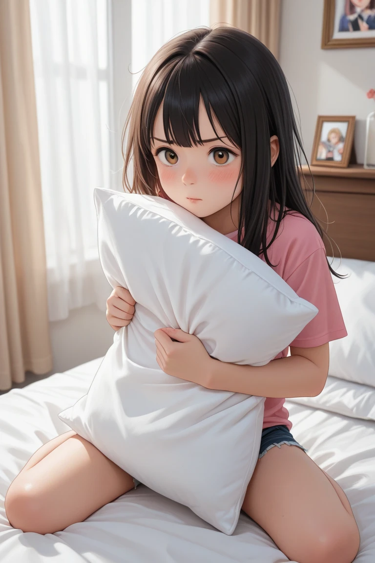 ((Highest quality、8k、Tabletop:1.3))、masterpiece、Extremely clear images、Bright lighting、Sharp focus:1.2、Beautiful woman、young、Slim figure、、(Casual Hairstyles)、(Big Breasts:1.2)、(smile:1.15)、Highly detailed face and skin texture、Microparticles、(Round face:1.4)、Living room 1.5、Full Body Shot:0.2、Accentuated breasts、I'm looking forward to、bed、Black Hair、Big eyes、Japanese、Cute Woman、Brown eyes、bedの上、Very large breasts、See-through bra、Highest quality
長い髪, Pixar Style、smile、solo, T-Shirts、Lying down