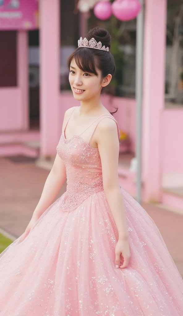 tween Emma Watson wearing cute bridesmaid dress, small bust, small chest, cute smile, outside church, wedding guests in background