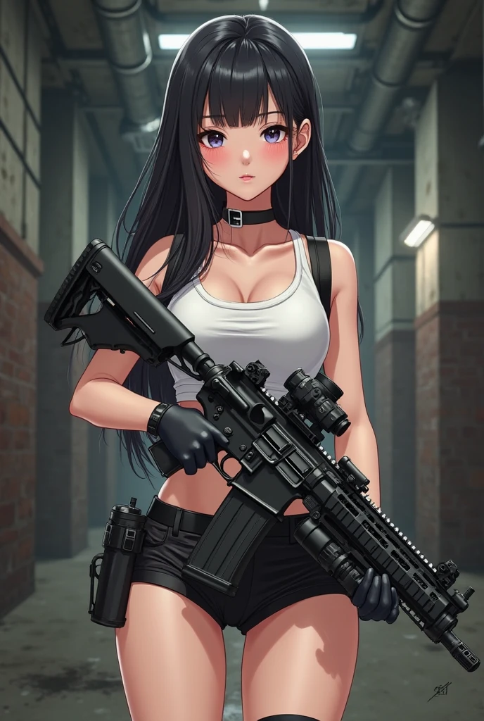 Action Scenes、Urban Warfare、Gunfight、((masterpiece, highest quality:1.3)),cowboy shot,20 year old beauty,solo,((very small head)),dark blue hair,long hair,black eyes,blunt bangs,medium breasts,((long body,slender body)),skinny,shiny skin,oily skin,sweat,Serious Face,Black tight tank top、Navel exposed、Black leather micro mini shorts、gunbelt,equipped with automatic rifle、Shoot a gun:1.5,on street、Ruined Tokyo、End of the World、