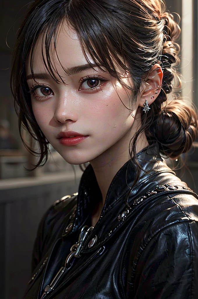 a 30 yo woman,(hi-top fade:1.3),long hair,dark theme, soothing tones, muted colors, high contrast, (natural skin texture, hyperrealism, soft light, sharp),