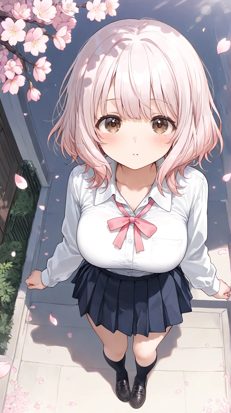 1 Girl, Pink Hair, Purple Eyes, short hair, Hair accessories, Sweater vest, Uniforms, big eyes, Plaid skirt, Black over-the-knee stockings, Make a victory gesture, Cherry blossoms