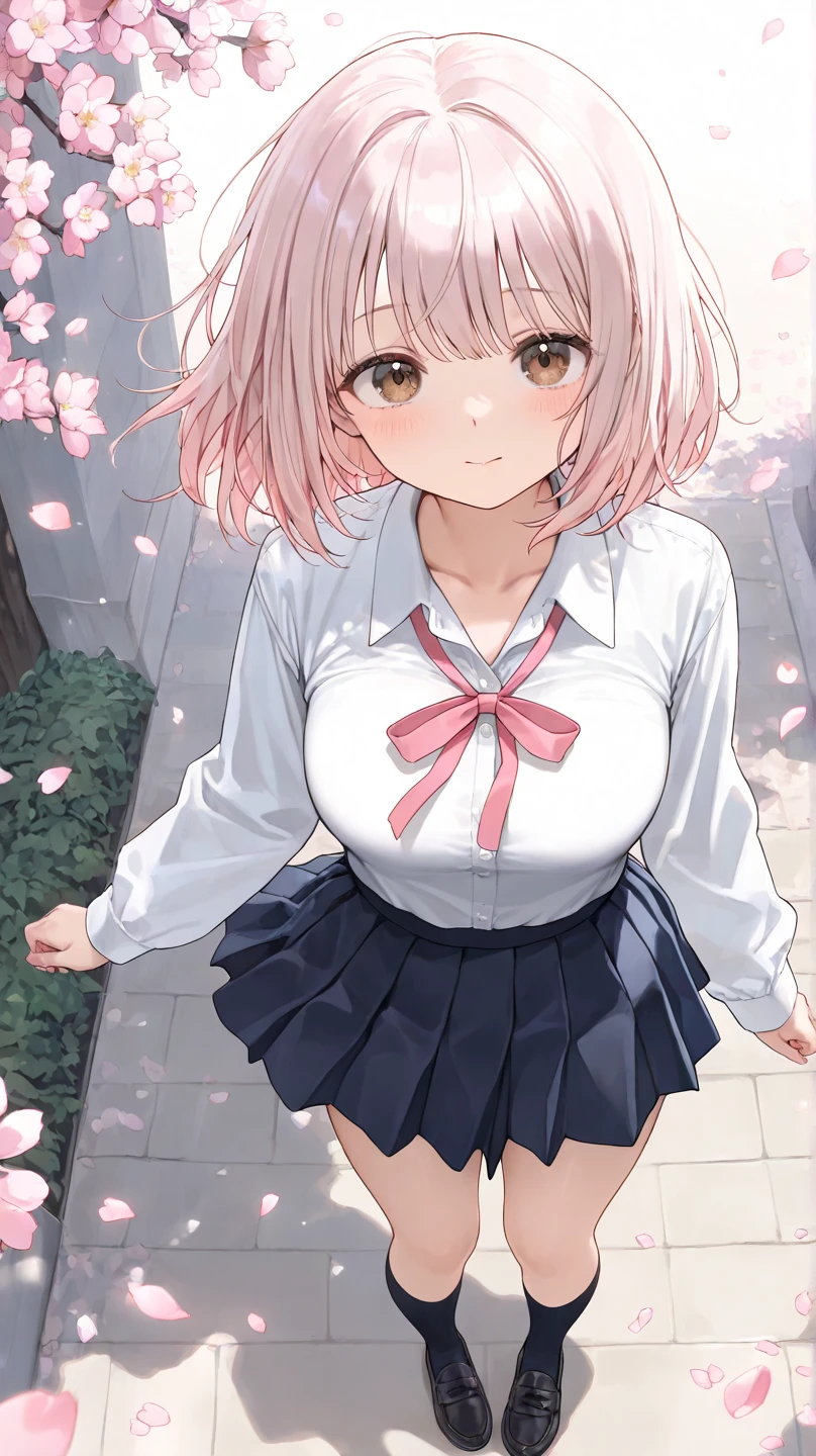 Two-dimensional anime wallpaper,Long pale pink hair,Cherry blossom hair accessories,girl,White short-sleeved tie-style school uniform,The arm is wrapped in a bandage,Light gray miniskirt,Bandages wrapped around her head,building average,The hair is a little messy,With a dull expression,a warm color palette