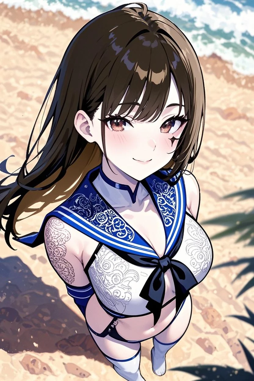 xp-tan, ass focus ((masterpiece)), ((best quality)), (ultra-detailed), ((extremely detailed)), 4K, (8K), 1girl, solo, (perfect anatomy:1.4), (five fingers), , (beautiful detailed hair), (((world-class quality))), photorealistic, extremely detailed, high resolution, (detailed shaded pretty face), (mature lady), (beautiful detailed eyes), ((glowing detailed skin and hair)), white-skinned, shiny skin((((gleaming skin)))), shiny, large breasts, sagging breasts, ass BREAK ,xp hair ornament, detached sleeves, blue skirt, thighhighs BREAK,,