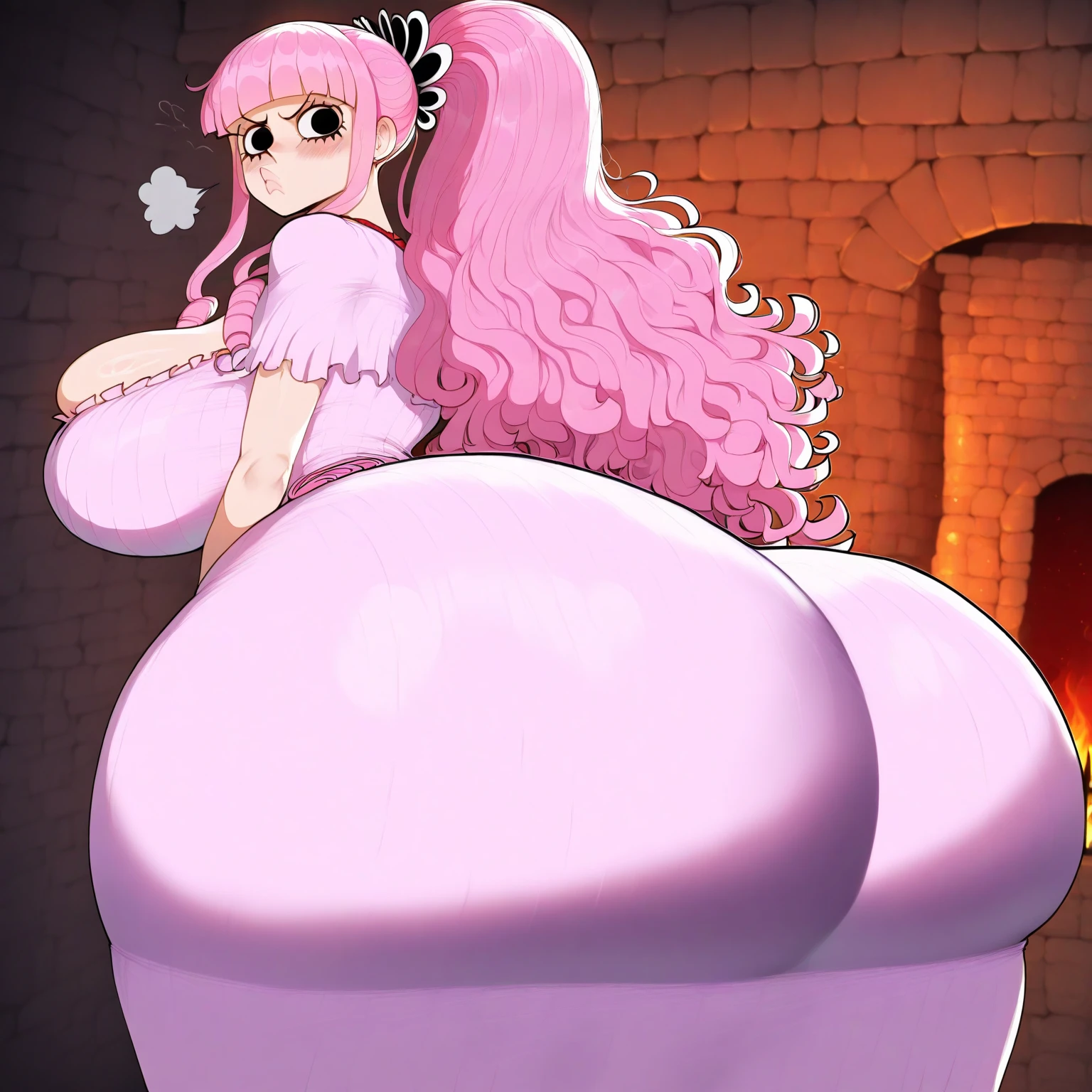 Anime woman enormous bloated expanding diaper, huge breast, gigantic butt, sitting on a woman, in my bed, screaming, head tilted up, eyes closed, long pink hair, groping butt