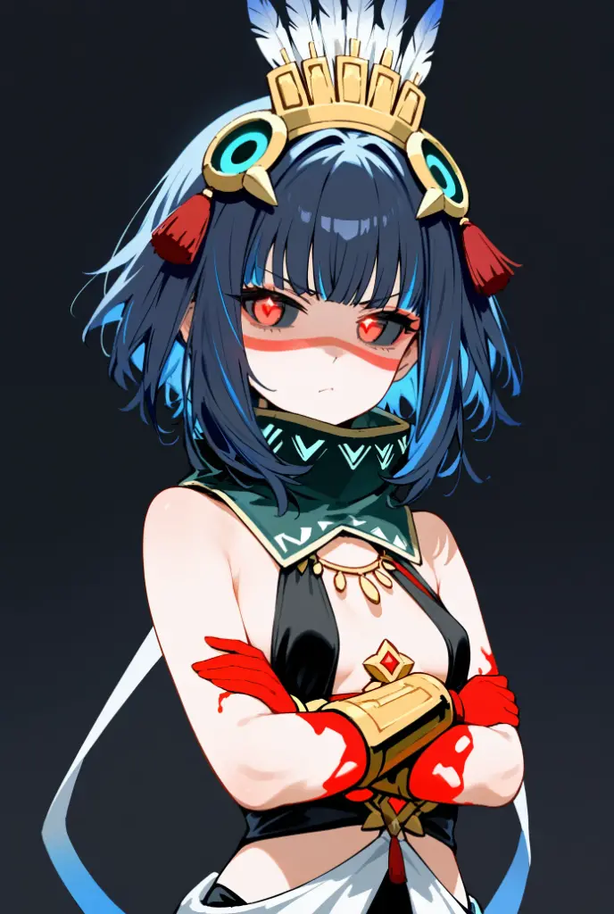 Upper body, waist level shot, 1girl, solo, short hair, black hair, sidelocks, colored inner hair, blue hair, black sclera, red eyes, glowing eyes, eyeliner, blood on hands, feathers, headdress, facepaint, jewelry, bracer, tassel, high collar, detached collar, sash, halterneck, bare shoulders, skirt, pelvic curtain, small breasts, crossed arms, shaded face, annoyed, looking at viewer, black background, simple background, masterpiece, score_9, score_8_up, score_7_up